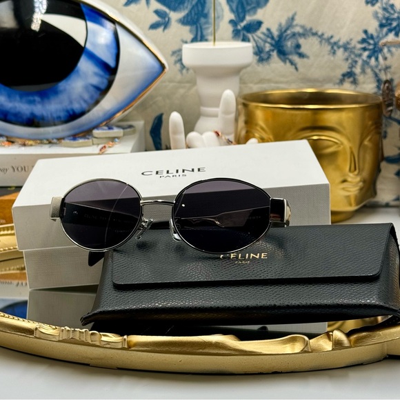 🆕 CELINE 🧿 NIB CL40235U 16A Metal Triomphe Oval Sunglasses, Silver & Smoke - Picture 4 of 16